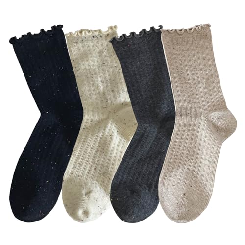 zrylibya Women Cute Ruffle Ankle Socks Scalloped Pointelle Solid Basic Style Casual Crew Socks 4 Pairs