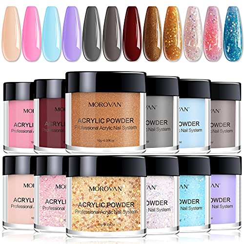 Morovan Acrylic Powder Set 12 Colors Gift Nail Art Powder Beginner DIY Professional Polymer Powder for Acrylic Nails Extension Odor-Free Bubble-free No Nail Lamp Needed