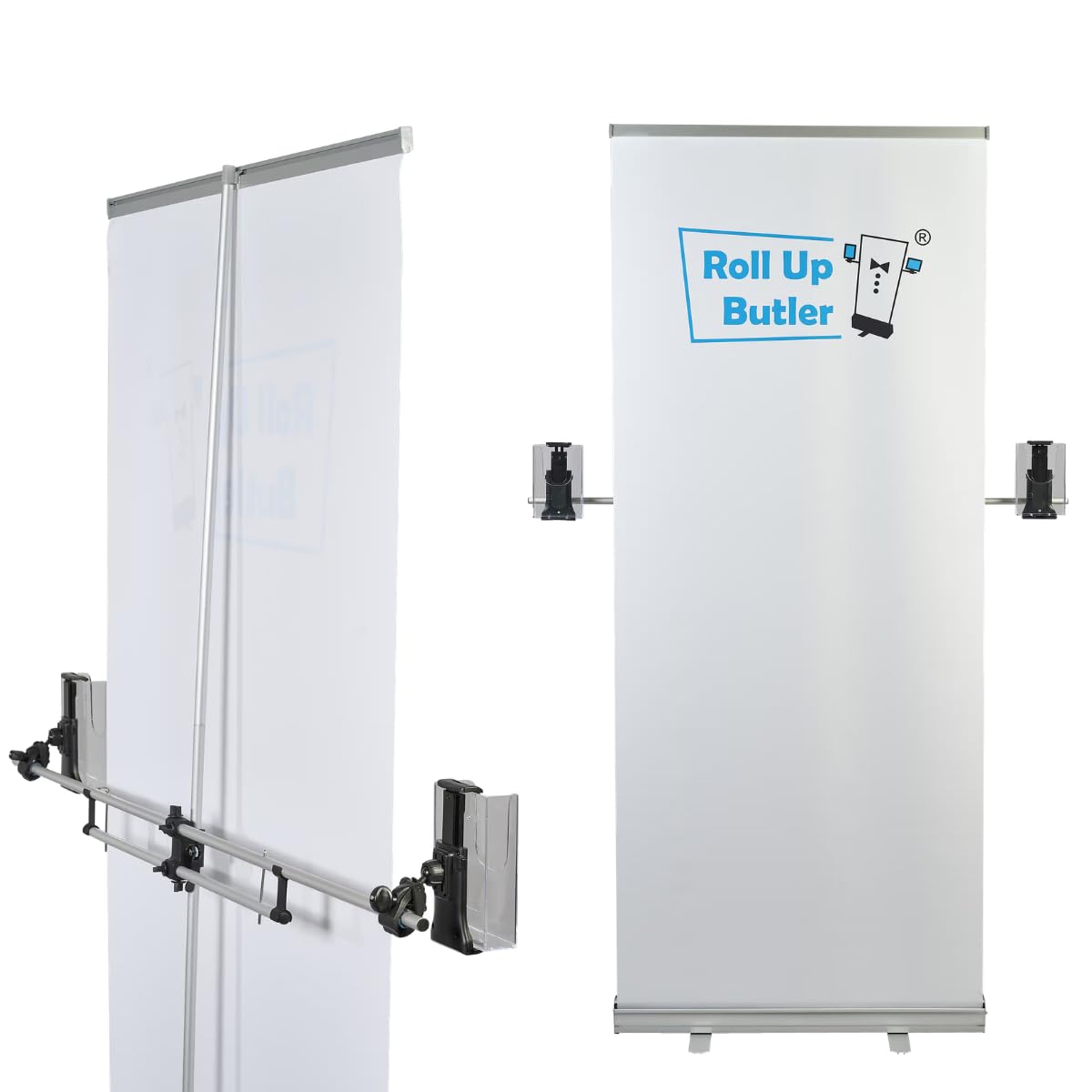 Flyerhalter mit 2 DIN-lang Akrylboxen für Roll-Up – Prospekthalter für Flyer, Broschüren & Tablets – für Messe, POS & Verkauf (Breiter Flyerhalter für Roll-Ups)