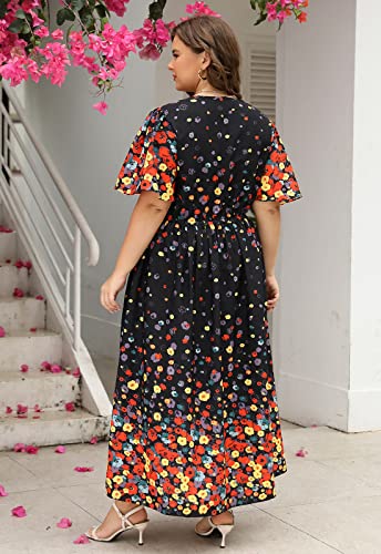 Image of Nemidor Womens Plus Size Maxi Dress Summer Boho Sundress Floral Print Flared Casual Long Dresses with Pocket
