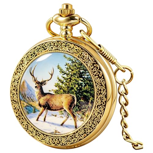 Image of Deer Pocket Watch for Men Pocket Watches with Chain Gift for Father's Day | Vintage Deer Case Pocket Watch Mens Quartz Watches with Chains Christmas Graduation Birthday Gifts Fathers Day