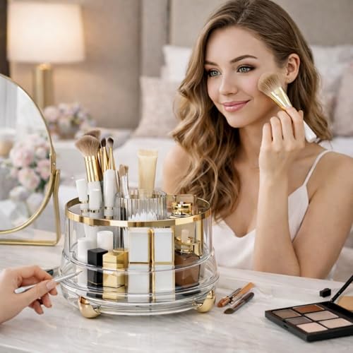 Image of KiZY Luxury 360 Rotating Makeup Brush Holder Organizer | Countertop Organizer Skincare Storage for Vanity, Desktop, Bathroom, Cosmetics | Lipstic, Eyeliners, Perfume Storage. (TRANS)