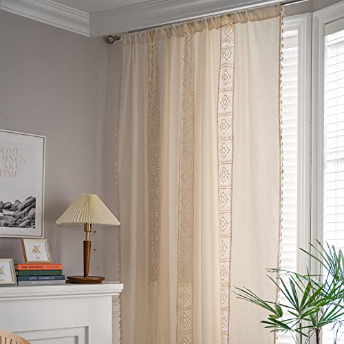 Deeprove Boho Living Room Curtains, Boho Window Curtains For Bedroom Blackout, Semi Sheer Crochet Cream Cotton Drape With Macrame Tassels, Rod Pocket Farmhouse Chic Decor 1 Panel 59" W X 63" L, Beige #TOP5