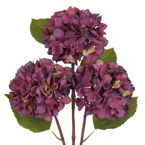 Hollyone Paquete de 3 hortensias artificiales, tallos de hortensias falsos morados con flores grandes de 6 pulgadas, flores de seda de tallo largo para arreglos florales, jarrón alto, decoración del