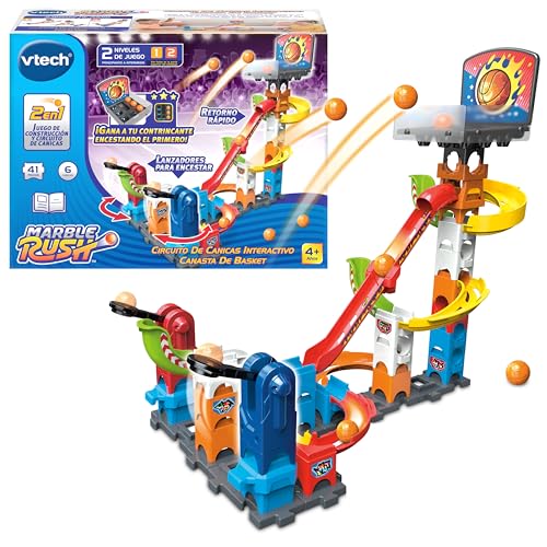 VTech - Marble Rush Canasta de Basket, Juguete de construcción y Circuito de canicas, Catapultas giratorias, 41 Piezas, 6 Bolas, Regalo niños +4 años, Versión ESP