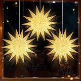 Lewondr Christmas Paper Star Lantern 3 Pack, Hanging Fourteen-Pointed Star Lights with Remote Control, LED Paper Lanterns with 6H Timer for Holiday Home Decoration, 21.65×21.65×1.97 Inch, Warm Light
