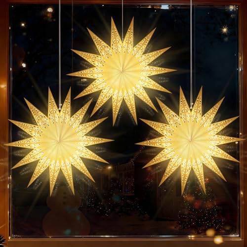 Lewondr Christmas Paper Star Lantern 3 Pack, Hanging Fourteen-Pointed Star Lights with Remote Control, LED Paper Lanterns with 6H Timer for Holiday Home Decoration, 21.65×21.65×1.97 Inch, Warm Light