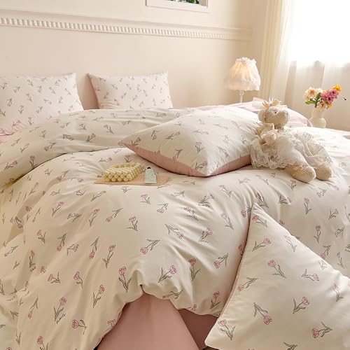 Bettwäsche 135x200 Baumwolle Rosa Weiß Tulpen Blumen und Kissenbezug 80x80 – Ansicht 5