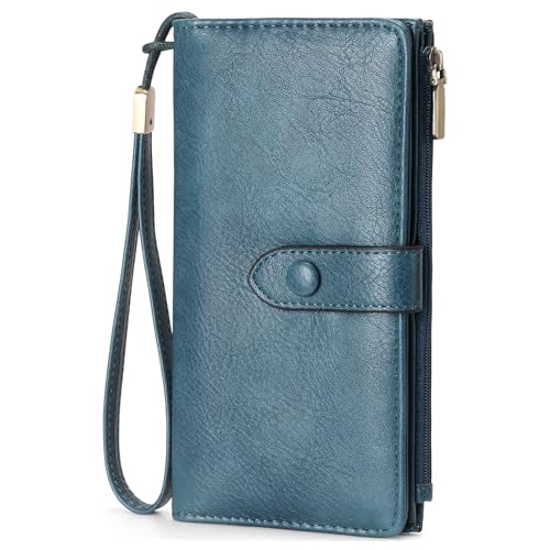 Image of GOIACII Womens Wallets Large Capacity Credit Card Holder RFID Blocking Leather Wallet Wristlet Ladies Clutch Purse Blue