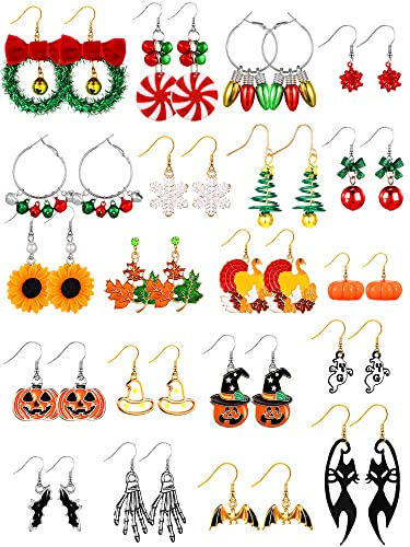 20 Pairs Halloween Earrings Holiday Fall Thanksgiving Drop Dangle Earrings Set Pumpkin Skeleton Xmas Earrings for Women Girls (Cool)