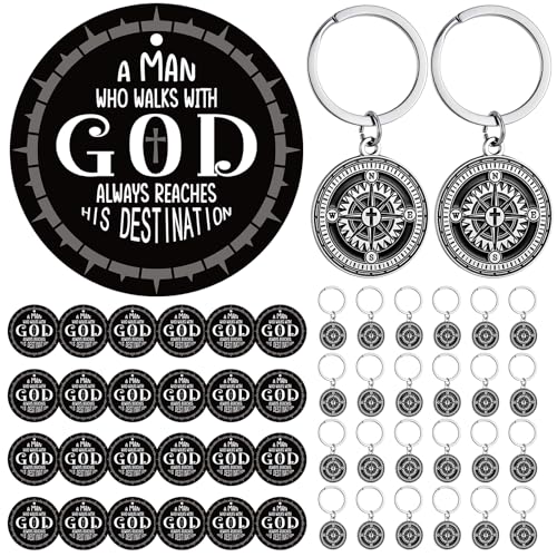 Kenning 24 Sets Father's Day Gift Man of God Keychain with Compass Charm Card Christian Dad Gift Set Daddy Religious Church Baptism Present Bulk for Church Man Father's Day Party Favor Supply