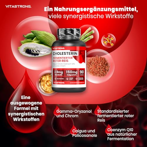 Vitastrong Cholesterin-Stoffwechsel Ergänzung, Fermentierter Roter Reis, Caigua, γ-Oryzanol, Policosanol, Coenzym Q10 und Chrom, 90 Tabletten, Vitastrong Qualität, Fermentierter Roter Reis Cholesterin