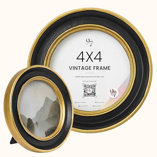 97 Decor Small Round Picture Frames 4x4 Elegant Vintage Frame 4 Inch For Tabletop Wall Hanging Black and Gold Circle Frames 4x4 Gold Frame Antique Wall Decor For Home