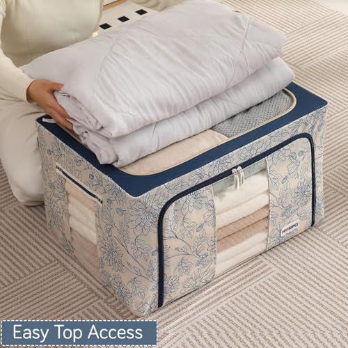 Image of HOKIPO 88L(XL) 600D Oxford Fabric Cloth Organizer for Storage, Blue Blossom Pack of 2 (AR-6487-BLU*2)