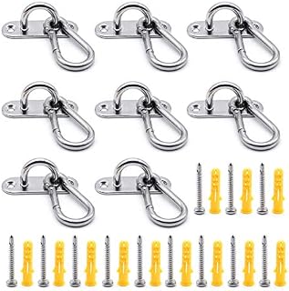 MgcTolBox 8 Set M6 Eye Pad Plate and Metal Staple Ring Hook Heavy Duty Metal Pad Eye Plate and Carabiner Clips with 16 PCS Screws for Yoga Swings Hammocks, Suspension Training Straps,Shade Sails