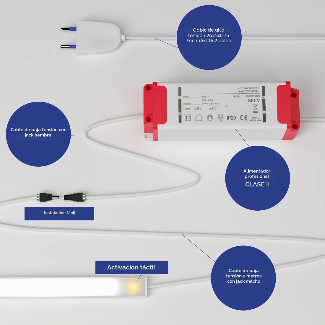 Led Bajo Mueble Barra Cocina Perfil Con Sensor Dimmer Luz Continua Alimentación Profesional Made In Italy (Blanco Natural, 180Cm Blanco)