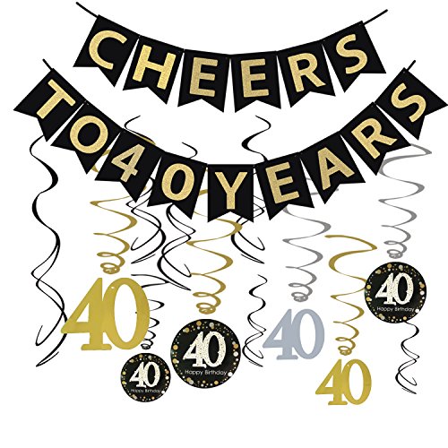 40th BIRTHDAY PARTY DECORATIONS KIT - Cheers to 40 Years Banner, Sparkling Celebration 40 Hanging Swirls, Perfect 40 Years Old Party Supplies 40th Anniversary Decorations (Banner)