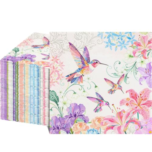 80 Pcs Hummingbird & Floral Napkins - Decorative 6.5x6.5 Inch Disposable...