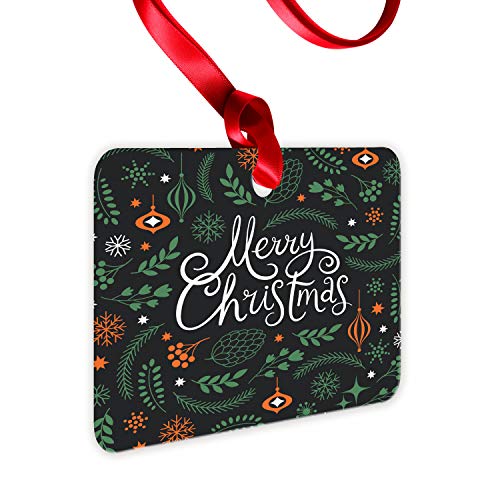 Lunarable Merry Christmas Flat Ornament, Xmas Fir Tree Branches Snowflakes And Ornaments, Rectangle Aluminum Semi Gloss Hanging Decor Tree Decoration, 2" X 3", Charcoal Grey Orange #TOP1