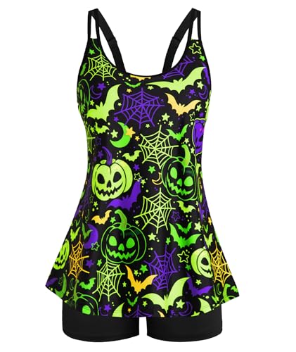 Plus Size Swimsuit for Women 2 Piece Adjustable Straps Eerie Tankini Fall Swimwear Spooky Fluorescent Green Pumpkin Bat 18W
