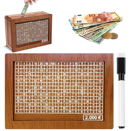 HELOVGE Cofrinho de madeira, mealheiro retro, mealheiro com marcador, caixa de poupança, reutilizável com objetivo de economia e números para marcar, ajuda as crianças a economizar o hábito