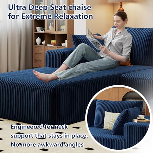 Image of 96 inch Modular Sectional Sofa, Modern Corduroy Cloud Couch with Deep Seat, Boneless Couch Upholstered 3-Seater L-Shaped Sofa for Living Room, No Assembly Required (Blue, Left-Facing Chaise)