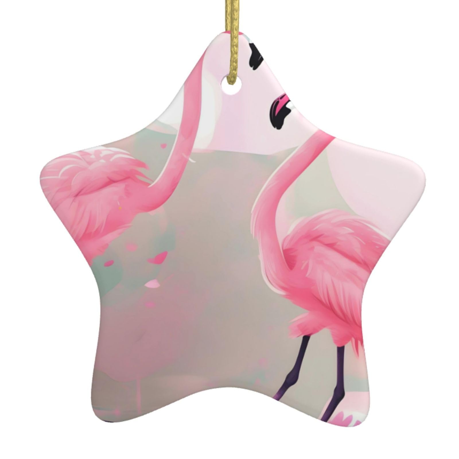 Love Flamingo Christmas Ceramic Star Pendant with Punched Holes and Gold Wire Rope, Christmas Tree Home Decoration