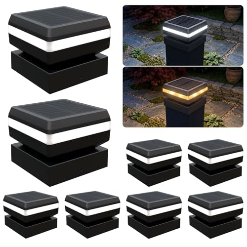 BH Railing Modern Solar Post Cap Lights - 8 Pack 2 Modes LED(3000K/6000K) Deck Fence Cap Light for 2x2 2.5x2.5 3x3 Posts IP65 Waterproof Decoration for Patio Porch