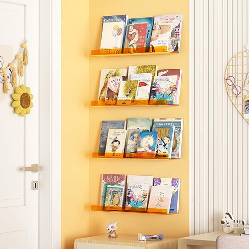 Image of upsimples 4 Pcs 15 inch Acrylic Shelves for Wall Decor and Display, Orange | Cute Floating Shelf for Perfume, Skincare, Nail Polish, Wall Organizer for Bedroom, Living Room, Playroom, Room Decor