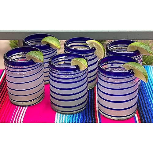 Set de 6 vasos de vidrio soplado mexicano azul 10 oz miniatura 3