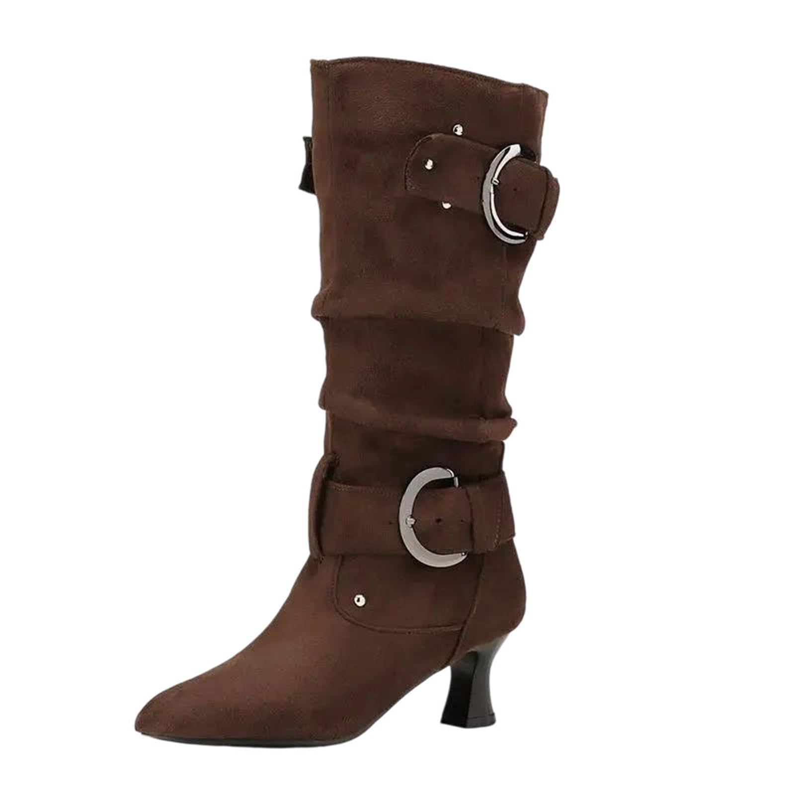 Womens Mid-Calf Boots Mature Style Round Toe Strange High Heel with A Slip-On Design Pleated Shaft and Buckle
