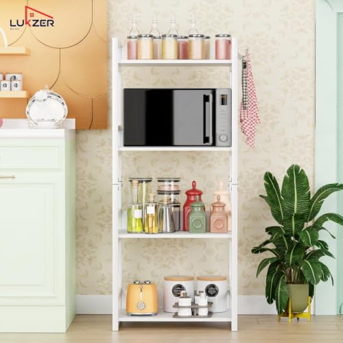 Image of Lukzer 4 Layer Multipurpose Storage Rack - Heavy Duty Metal & Wood Kitchen Organizer | Space Saving Microwave Oven Stand for Modular Kitchen, Living Room, Bedroom & Office (MKR-004 /White)