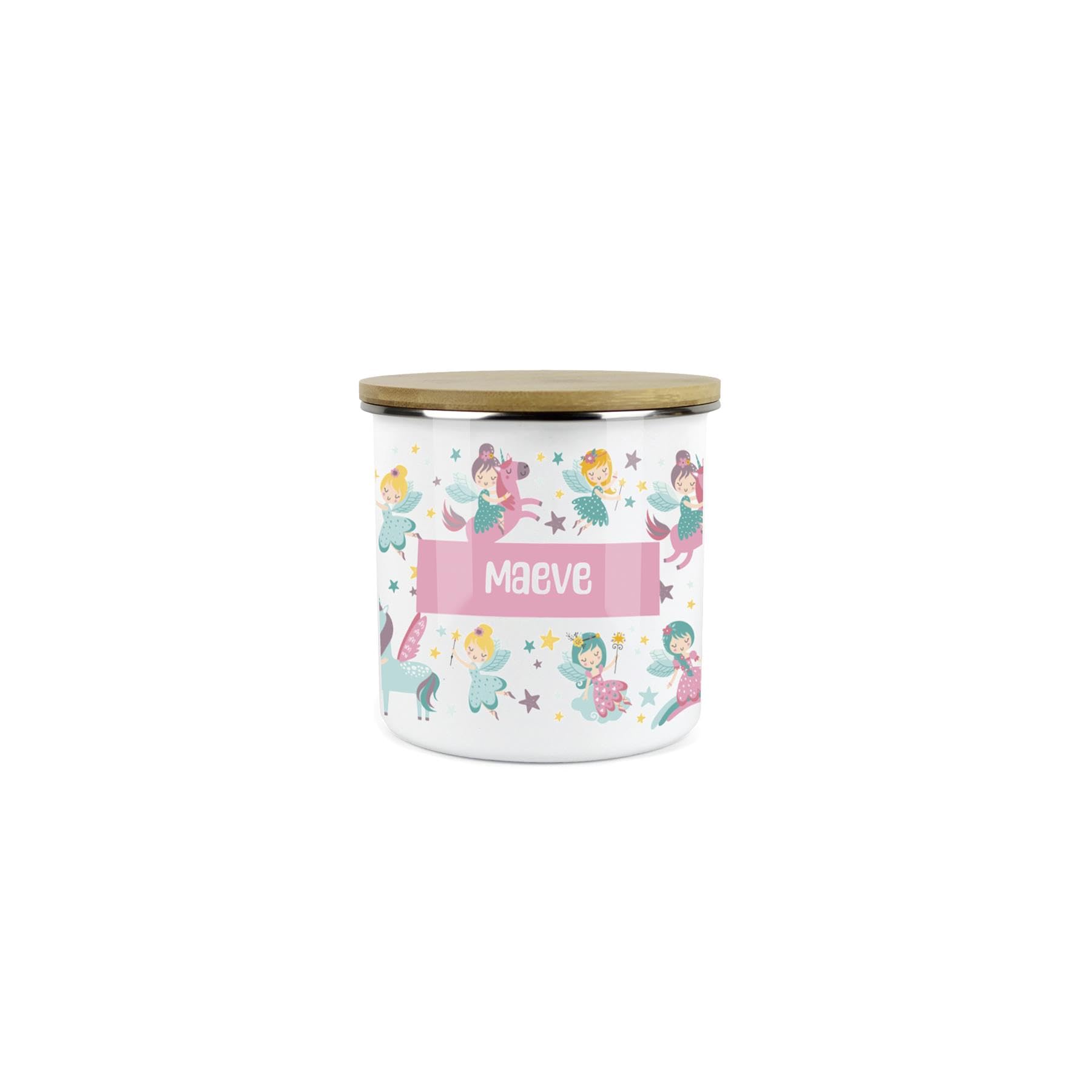 Purely Home Kids Mini Snack Pot – Lunchtime Unicorns And Fairies Personalised Custom Storage Canister - White & Pink Metal Enamel Treats Storage Container