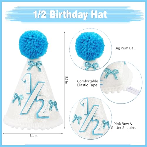 Image of 1 /2 Birthday Girl Half Birthday Decorations - blue Bow It's My 1 /2 Birth Banner, Glitter Cake Topper, Ribbon Bow Wood Bead High Chair Banner & Cone Hat, Halfway to One Baby Girl Party Supplies(Blue)