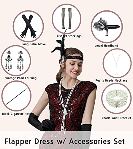 Image of Women 1920s Gatsby Flapper Dress Sexy Open Back Strap Fringed Cocktail Party Dress with 20s Accessories