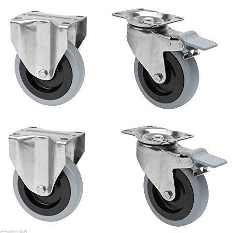 Satz je 2 Transportgeräterolle Bockrolle Lenkrolle totalfeststellbar Edelstahl 100 mm Rad Gummibereifung grau spurlos Anschraubplatte V2A INOX Edelstahlrolle Polyamidrad Gummi Gummibereifung Bremse
