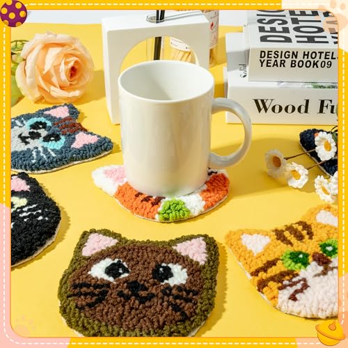 Image of WATINC Craft Punch Needle Coaster Kit, 22Pcs Easy Art Work Decor Craft Supply for Beginners, DIY Set of 6 Kitten Head Pattern Tufted Rug Pads with Adhesive Felt Yarns Embroidery Hoop Tools Instruction