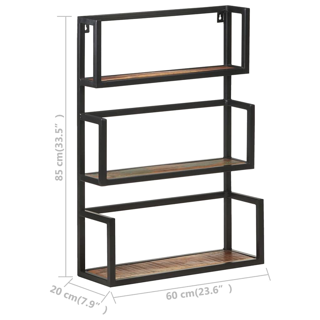 Mensola da parete 60 x 20 x 85 cm, in legno massello con 3 scomparti in legno riciclato per riporre libri, blocco appunti, design unico, mobile rustico robusto