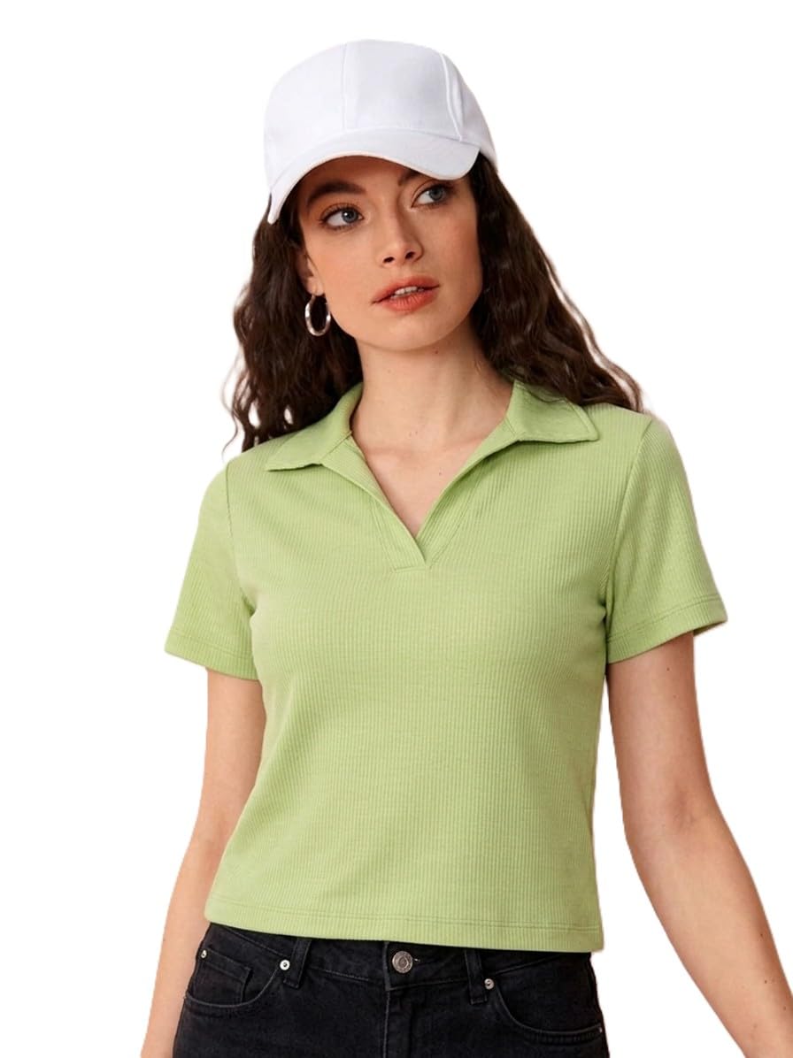 meedee Women's Ribbed Polo Collar Top | Short Sleeve | Light Green | Casual Style | Collar Neck Casual Tank Tops,-picture-26