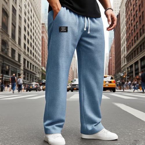 Mokaloha Mens Waffle Pants, 2025 New Men's Casual Waffle Embroidered Logo Elastic Waist Loose and Comfortable Trousers4