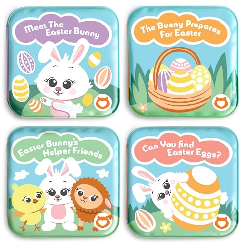 Easter Bath Book Set for Babies & Toddlers – 4 Colorful, Soft, and Waterproof Bath Books with Bunny & Animal Friends – Fun Bath Toys & Basket Stuffers – Perfect for Easter & Baby Showers