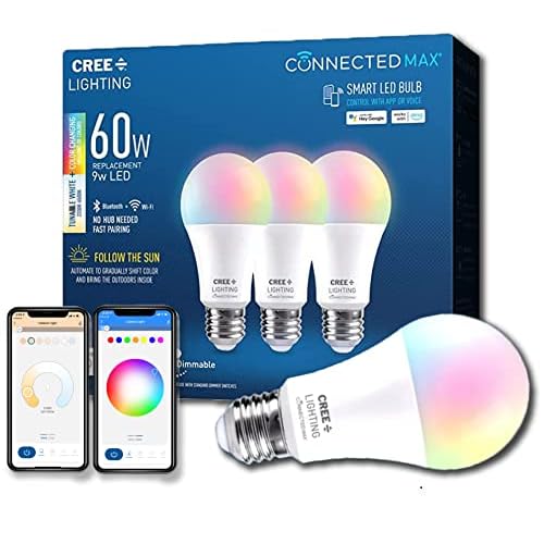 Cree Lighting Connected Max Smart Led Bulb A19 60W Tunable White + Color Changing, 2.4 Ghz, Compatible with Alexa and Google Home, No Hub Required, Bluetooth + WiFi, 3Pk (CMA19-60W-AL-9ACK-B3)