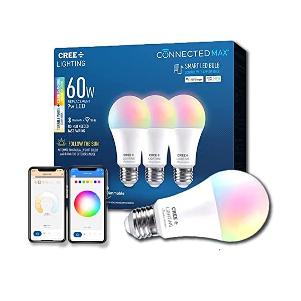 Cree Lighting Connected Max Smart Led Bulb A19 60W Tunable White + Color Changing, 2.4 Ghz, Compatible with Alexa and Google Home, No Hub Required, Bluetooth + WiFi, 3Pk (CMA19-60W-AL-9ACK-B3)