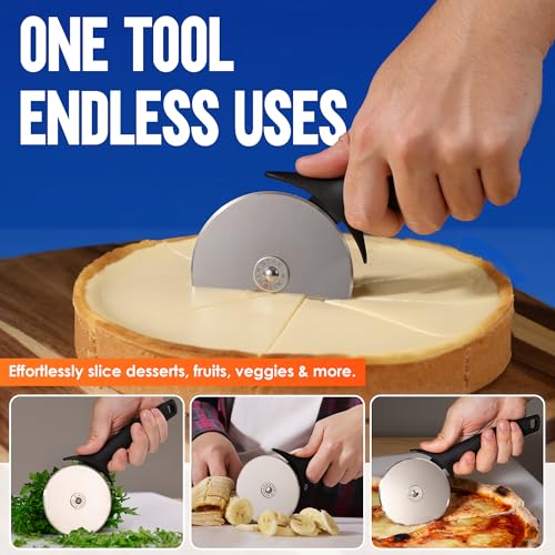 Image of KitchenStar Pizza Cutter Wheel - 304 Stainless Steel Slicer Knife with Super Sharp Blade, Anti-Wobble Axle Mechanism, Ergonomic Non-Slip Handle & Protective Cover, Dishwasher Safe