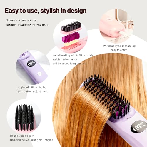 Image of Go Brush Pro Cordless Hair Straightening Brush Mini Travel Straightener | 30s Fast Heat with 3 Temperature Settings, Type-C Rechargeable 4000mAh Thermal Brush for Women