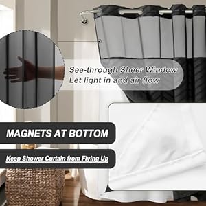 No Hooks Stall Fabric Shower Curtain with Snap in Liner- Water Repellent Tufted Chevron Striped Shower Curtains for Bath Tubs, Narrow Hotel Quality Bath Curtain Set, 36Wx74H, Black