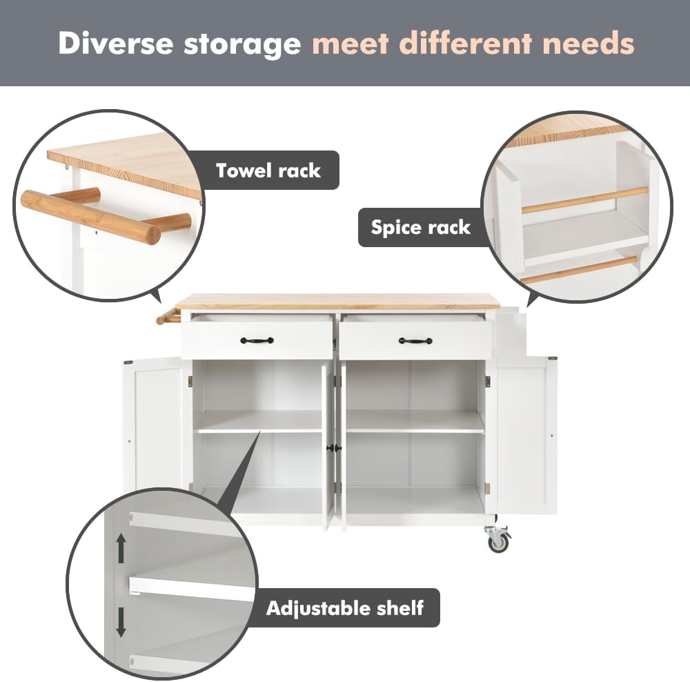 Rolling Kitchen Island Table with Storage, Kitchen Cart on Wheels, 54 Inch Width, 4 Door Cabinet and Two Drawers (White)