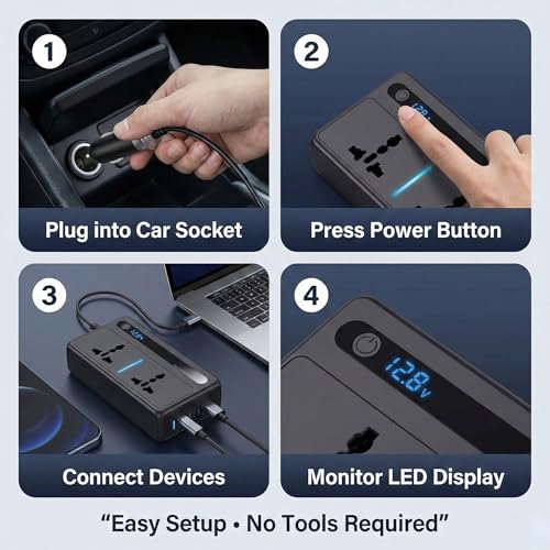 Image of YOURKARTS.COM 300W Car Power Inverter 12V DC to 220V AC Converter with 2 USB Ports + 2 Type-C Fast Charging + 2 AC Outlets + DC Socket | 7 Output Portable for Charger Laptop, Mobile, Travel