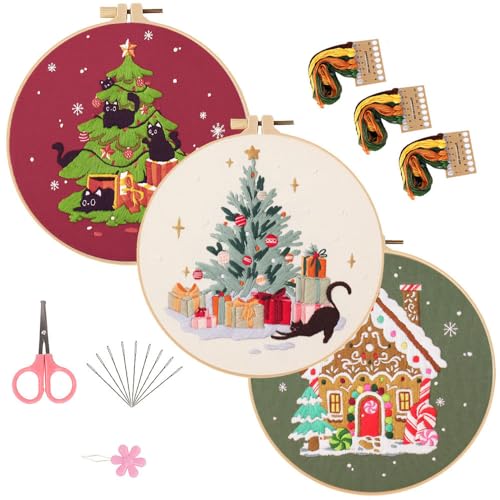 Image of LB Christmas Embroidery Kit for Beginners Adults, 3 Sets Hand Embroidery Starter Kit with Black Cat Pattern and Instructions Stamped Cross Stitch Kits Include Embroidery Hoop Needles Threads Scissors