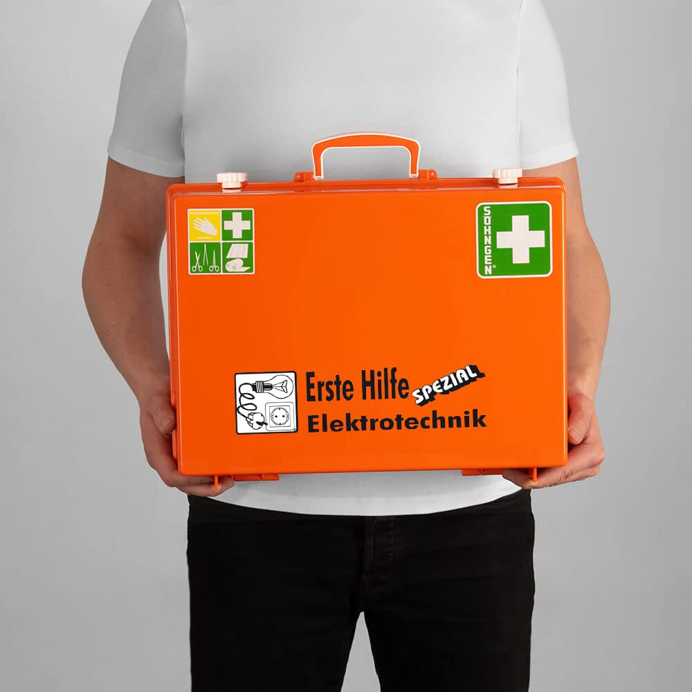 Erste-Hilfe-Koffer Elektrotechnik Söhngen, mit Wandhalterung, orange, DIN 13157, Art.-Nr. 61999 | Verbandskasten | Notfallkoffer | Erste Hilfe Kasten